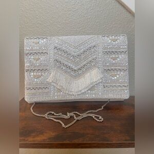 Cream Beaded Fringe Clutch Bag | Bridal Wedding Evening Coastal Chic Boho Luxe